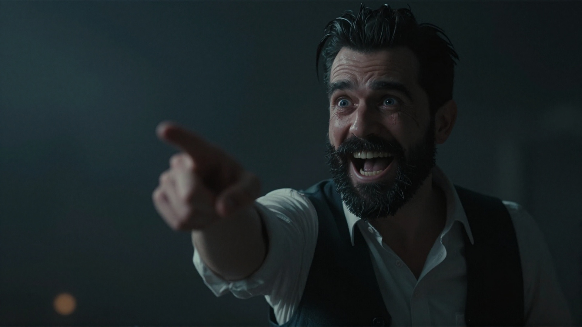 cinematic film still of cinematic style,  In 3D rendering style,  a dark themed image of a man with a beard and a mustache...