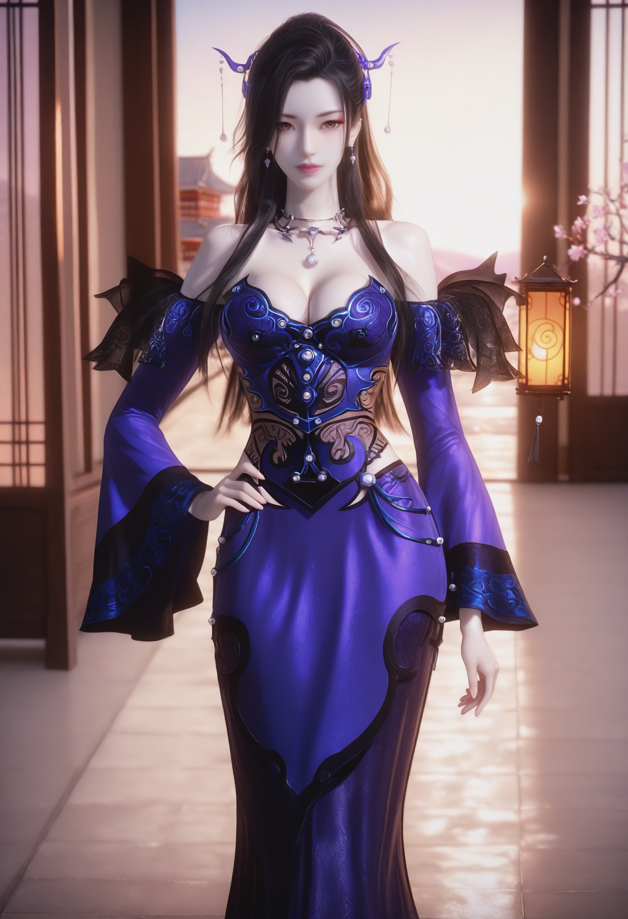 Chao_nvyao,1girl,black hair,hair ornament,jewelry,long hair,earrings,bare shoulders,cleavage,necklace,makeup,brown eyes,<lora:Chao_nvyao_5_illu-000016:0.75>,dress,purple dress,blue dress,detached sleeves,wide sleeves,photorealistic,hyperrealistic,<lora:realistic filter [IL]:1>,(pale skin0.5),looking at viewer,standing,hands on hip,lantern,open window,looking at viewer,indoors,mountains,blossoms,flowers,east asian architecture,beautiful sunrise,warm ambient temperature,
