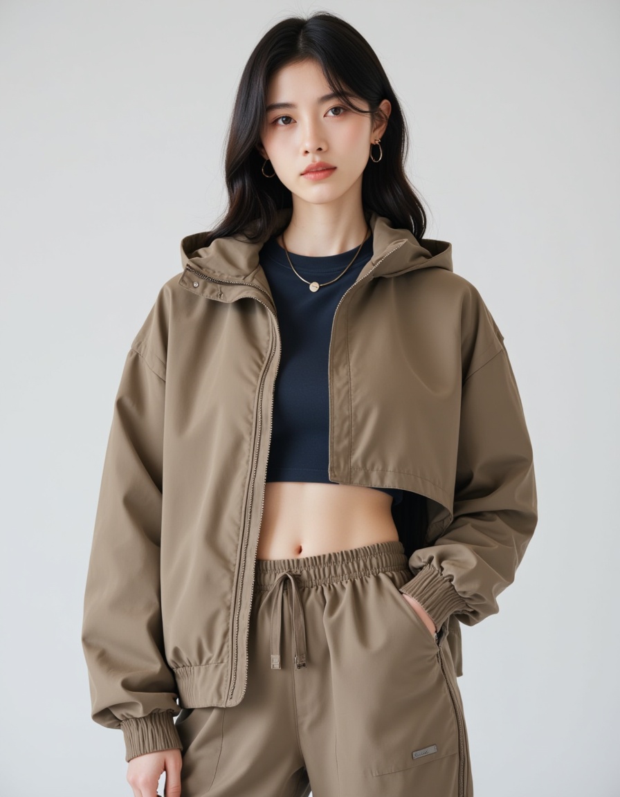 a real picture of a south korea woman,In Cropped windbreaker and track pants with side snaps,