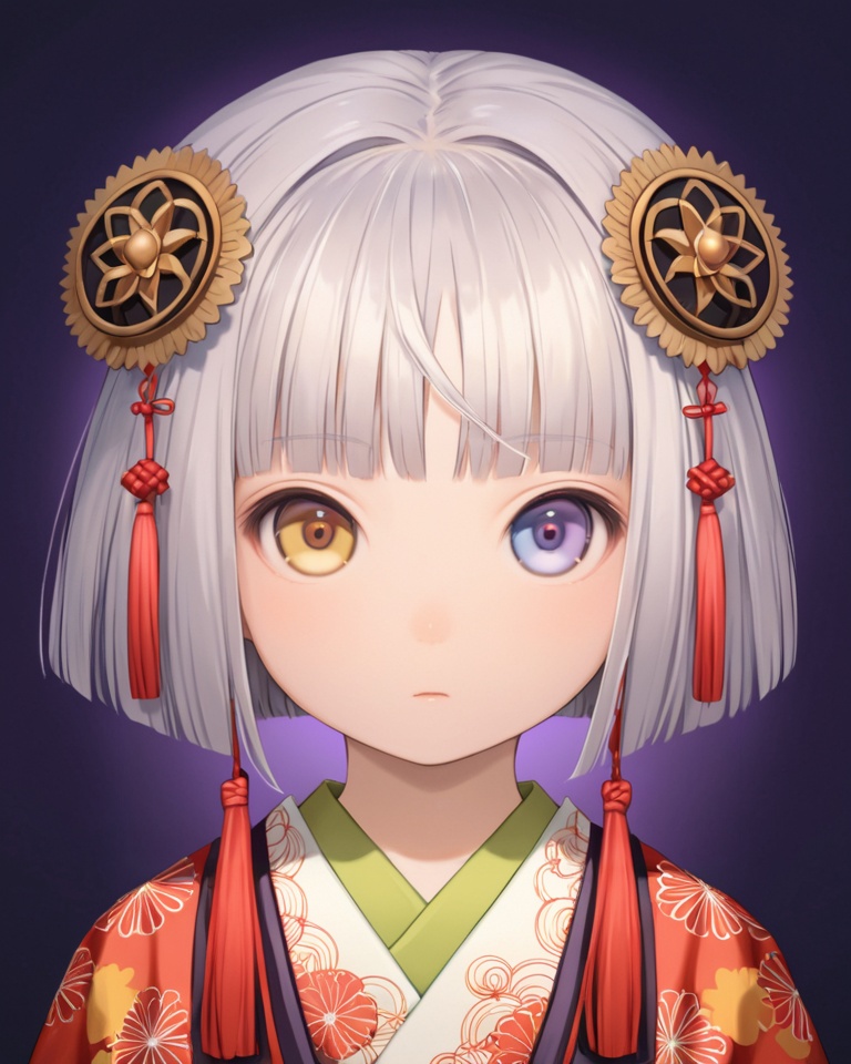 (best quality), ((masterpiece)), (highres), illustration, original, extremely detailed,  <lora:莲实复古动漫XL:0.7>1girl, solo, short hair, hair ornament, looking at viewer, bangs, heterochromia, white hair, japanese clothes, child, kimono, blue eyes, tassel, female child, upper body, purple background, closed mouth, simple background, bob cut, blunt bangs, expressionless, purple eyes