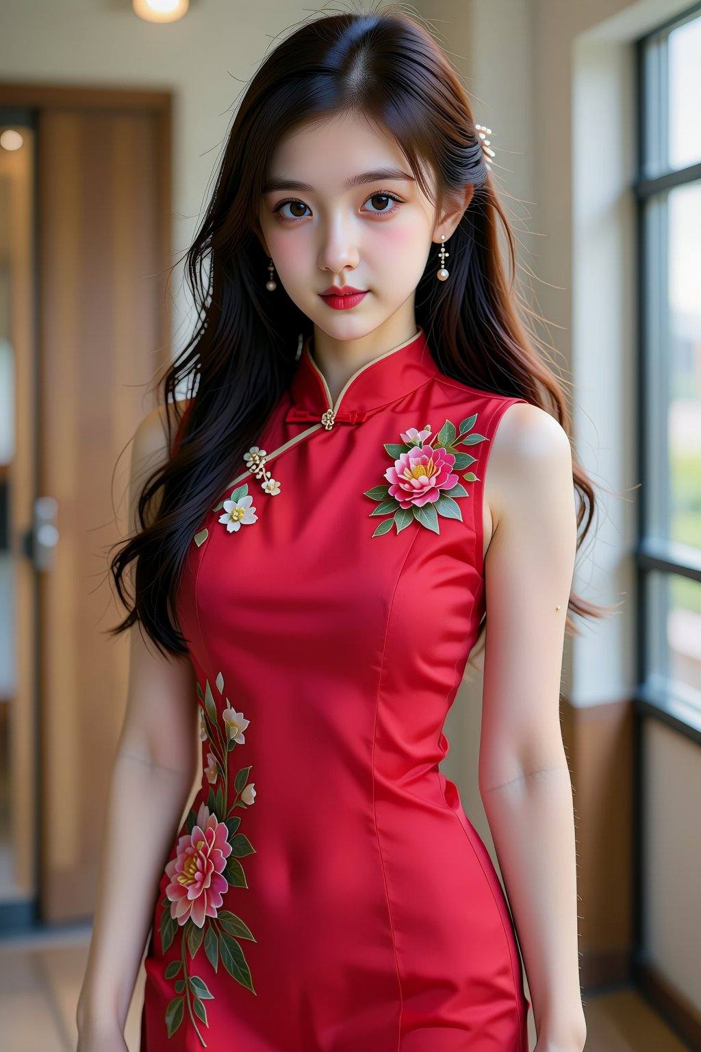 The image depicts a photograph of an attractive young Asian woman standing indoors. She has long,  wavy black hair that fa...