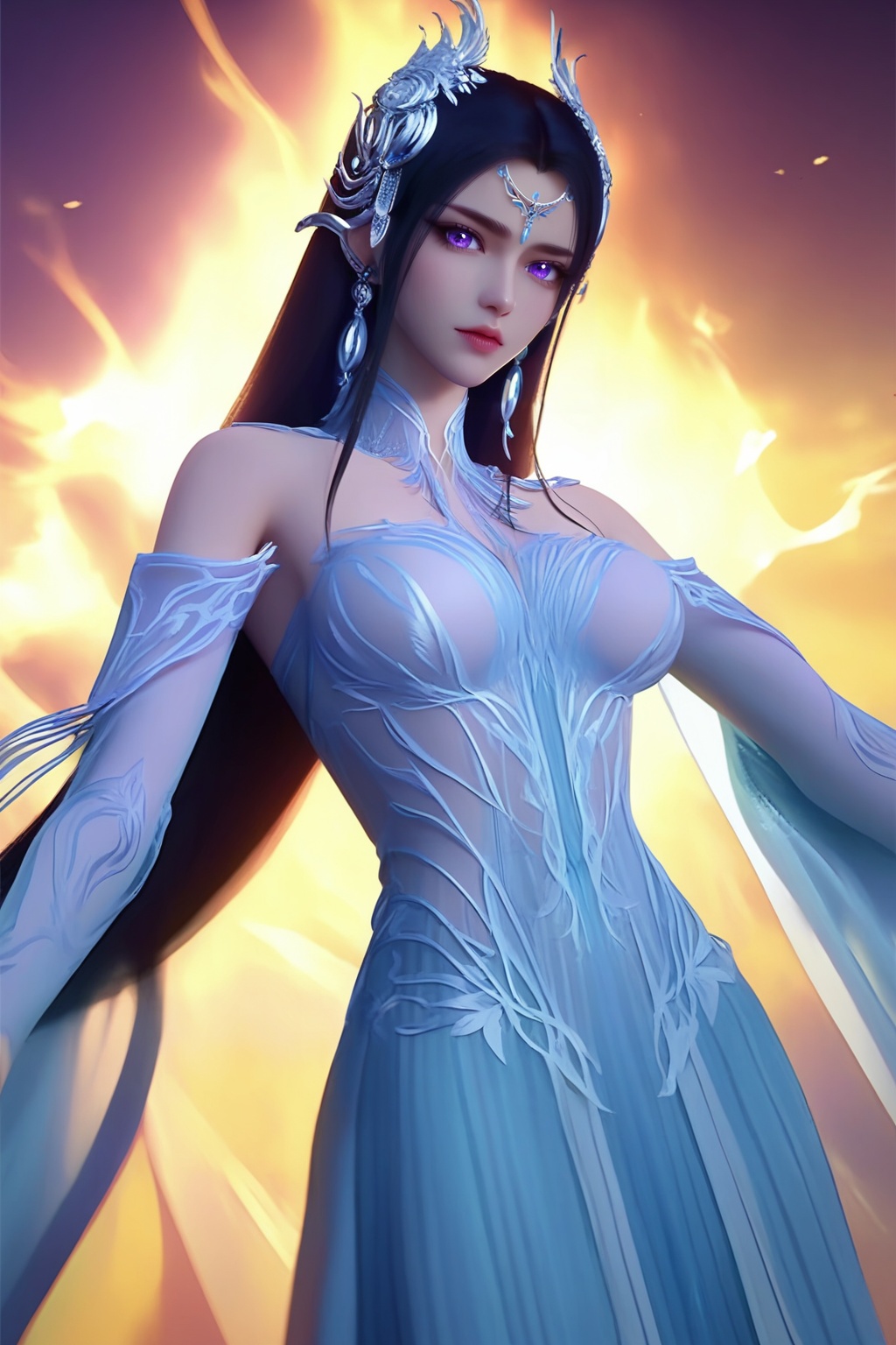 (A choir of serial-killers:1.2),(looking at viewer:1.1),<lora:XL16神国之上叶婵宫:0.95>,miss yechangong,sheer blue chiffon corset gown,violet eyes,forehead pendan,black hair,very long hair,hair ornament,earrings,jewelry,(large breasts:1.2),, score_9,score_8_up,score_7_up,score_6_up,score_5_up,score_4_up,3d rendering,tag1,tag2, Cinematic Lighting,backlighting,