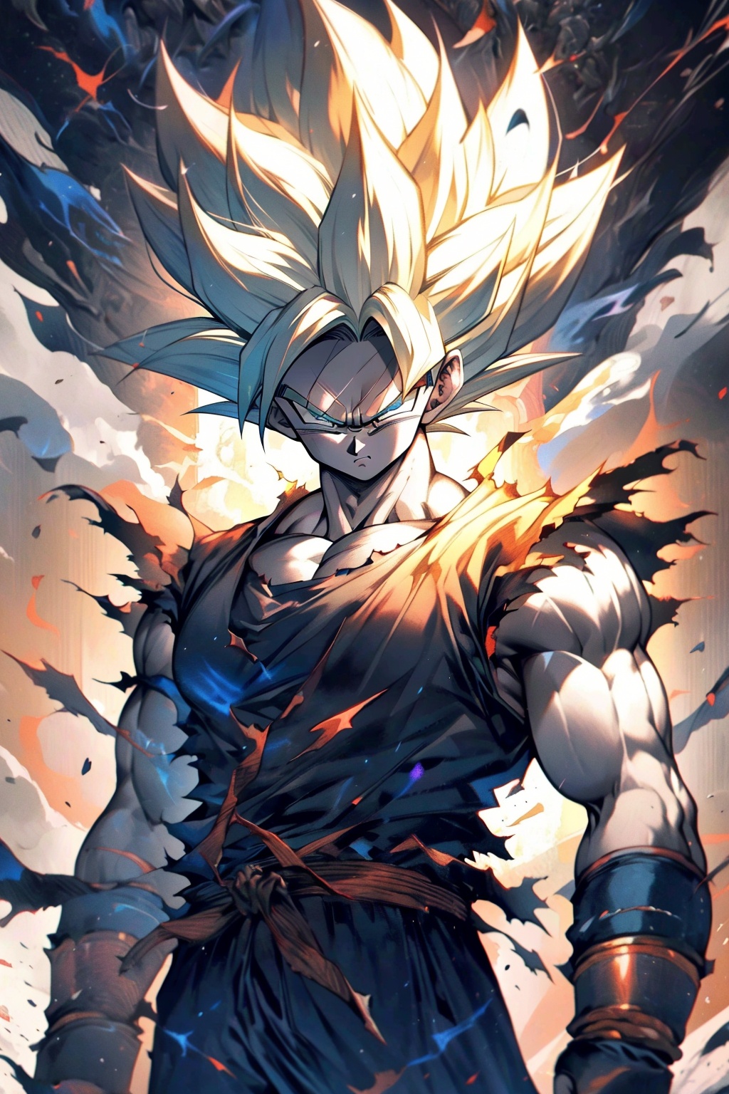 ((best quality)),masterpiece,((ultra-detailed)),illustration,8k wallpaper,((extremely detailed CG unity 8k wallpaper)),(extremely detailed eyes and face),huge filesize,game cg,songoku, male focus, 1boy, solo, dougi, muscular, blonde hair, torn clothes, spiked hair, super saiyan, looking at viewer, serious, dust, arms at sides, pectorals, torn shirt, muscular male, closed mouth, pants, super saiyan 1, smoke, shirt, blue eyes, aura, shaded face, clenched hands, gloves, wristband, frown, sleeveless, standing, blurry, grey eyes<lora:songoku:1>