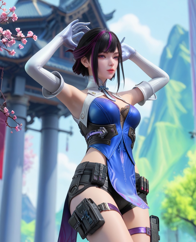 (oriental architecture, elegant decor, sophisticated style:1.1),(Jumping in the air with arms raised,:1.1),(breasts:1.2),<lora:XL16穿越火线虹儿潜伏者:0.95>,miss honger,blue corset,black lace bra,purple eyes,half updo with sidelocks,black hair,streaked hair,white glove sleeves,white collar,sash,black shorts,blue pelvic curtain,thigh strap,, score_9,score_8_up,score_7_up,score_6_up,score_5_up,score_4_up,3d rendering,tag1,tag2, Cinematic Lighting,backlighting,, zPDXL3, zPDXL2,zPDXL, zPDXLxxx, zPDXLrl,