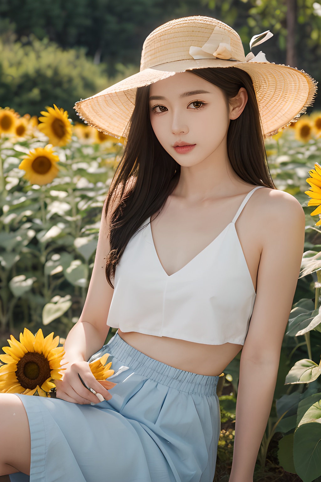 <lora:0812_02:0.7>,a girl with a sun hat, sitting in a field of sunflowers, bathed in the golden glow of sunset, warm hues, peaceful ambiance, natural beauty.korean girl,black hair,, 1girl,realistic,masterpiece, best quality, photorealistic, HDR,detail