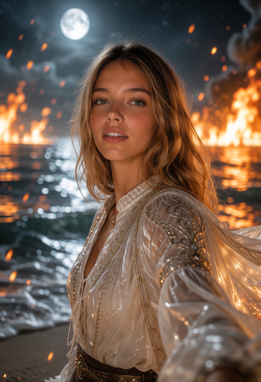 AmberX,  dark blonde hair worn loose in soft beach waves with a center part and delicate face-framing strands,  A breathta...
