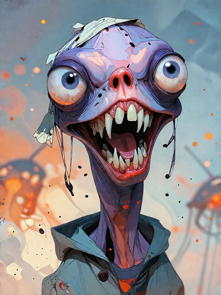 Bradhamel art style. A grotesque,  cartoonish alien creature with a long neck and two large,  bulging eyes—one covered by...
