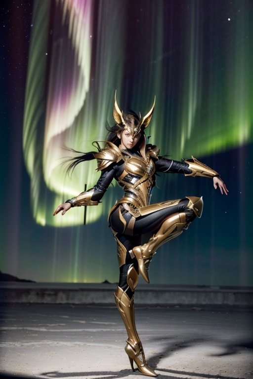 <lora:魔神铠甲_001:0.6>,pointe pose,hxarmour,1[girl|man],(dark orange armour:1.3),Aurora Borealis Coral Bleaching,Minaret,