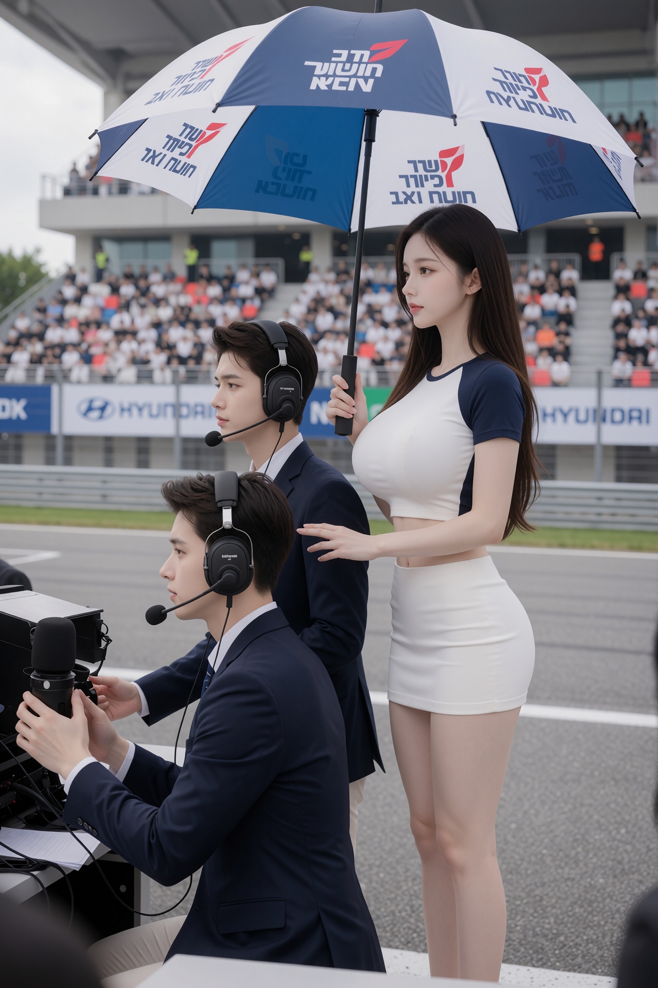 An eye-level shot captures a scene at the Korea Speed Festival,  featuring two males facing left outside and an unbelievab...