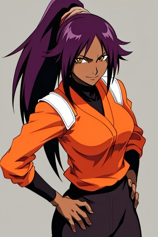 1girl,breasts,brown eyes,dark-skinned female,dark skin,hand on hip,long hair,looking at viewer,orange shirt,pants,ponytail,purple hair,shihouin yoruichi,shirt,simple background,smile,solo,,<lora:e72fa9c0be4c721e34693c8723c947713514ea9d90376062800ebc592aefb552:0.7>