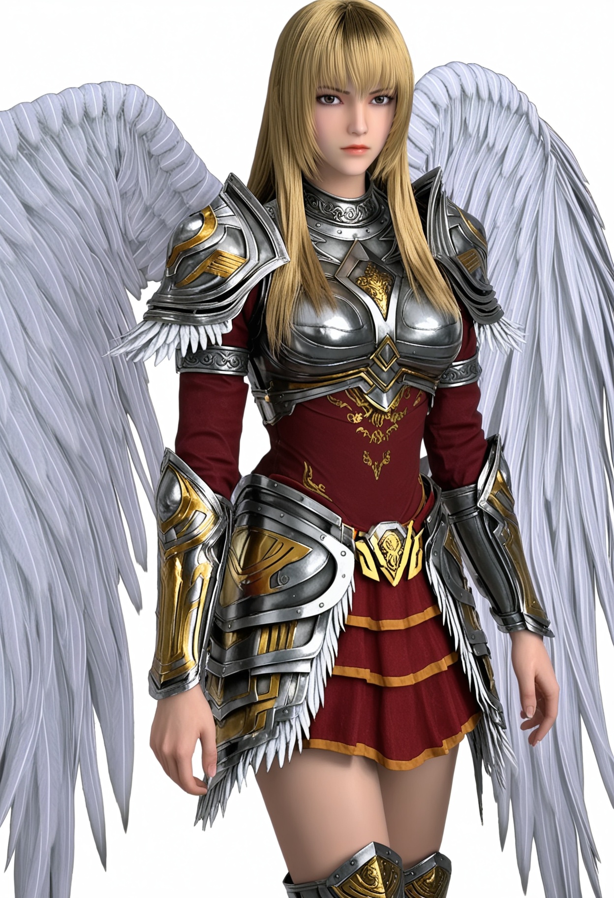 score_9,high detail,best quality,shiny skin,shiny,tianshiyan,1girl,solo,brown eyes,blonde hair,long hair,armor,shoulder armor,closed mouth,lips,angel wings,white background,breastplate,realistic,skirt,boots,simple background,looking at viewer,<lora:QQSponytianshiyanV1:0.8>,<lora:Pony_DetailV2.0:0.8>,<lora:皮肤凹痕:0.1>,