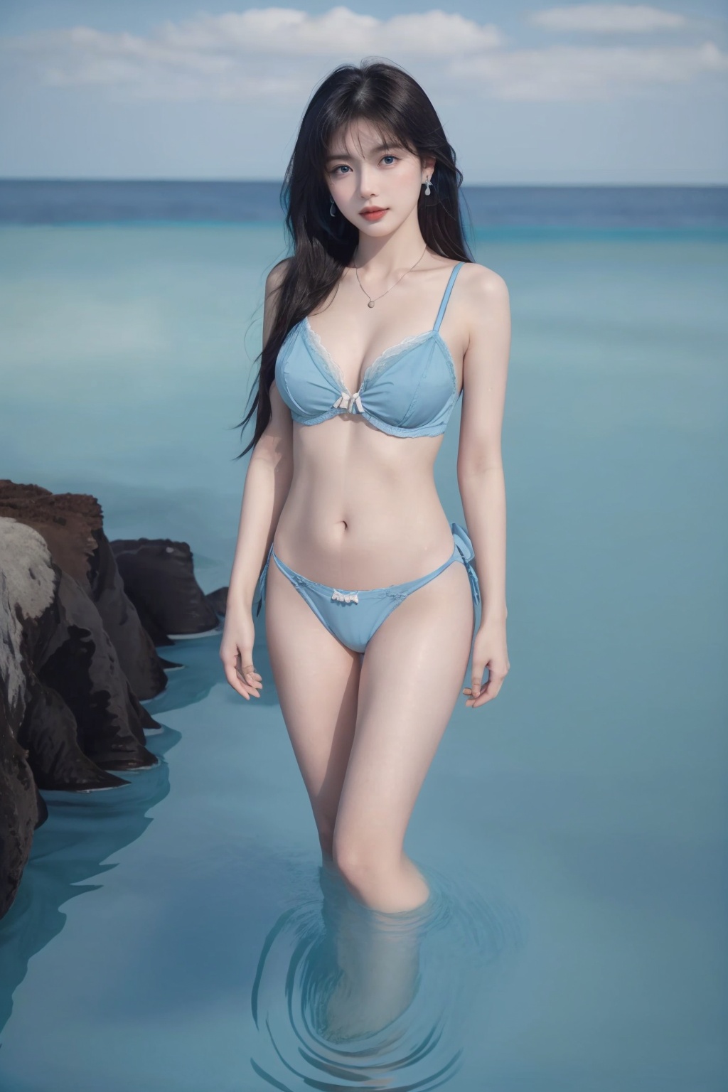 1girl, babydoll, breasts, brown hair, cleavage, collarbone, cowboy shot, earrings, hair ornament, jewelry, lingerie, lips, long hair, looking at viewer, makeup, navel, navel piercing, necklace, panties, parted lips, ribbon, see-through, solo, standing, underwear, very long hair,beach, blue sky, boat, caustics, cloud, cloudy sky, pool, poolside, river, sand, scenery, seagull, shore, sky, soaking feet, standing on liquid, wading, walking on liquid, water, watercraft, waves,(Pure blue sea:2)<lora:比基尼:0.66>