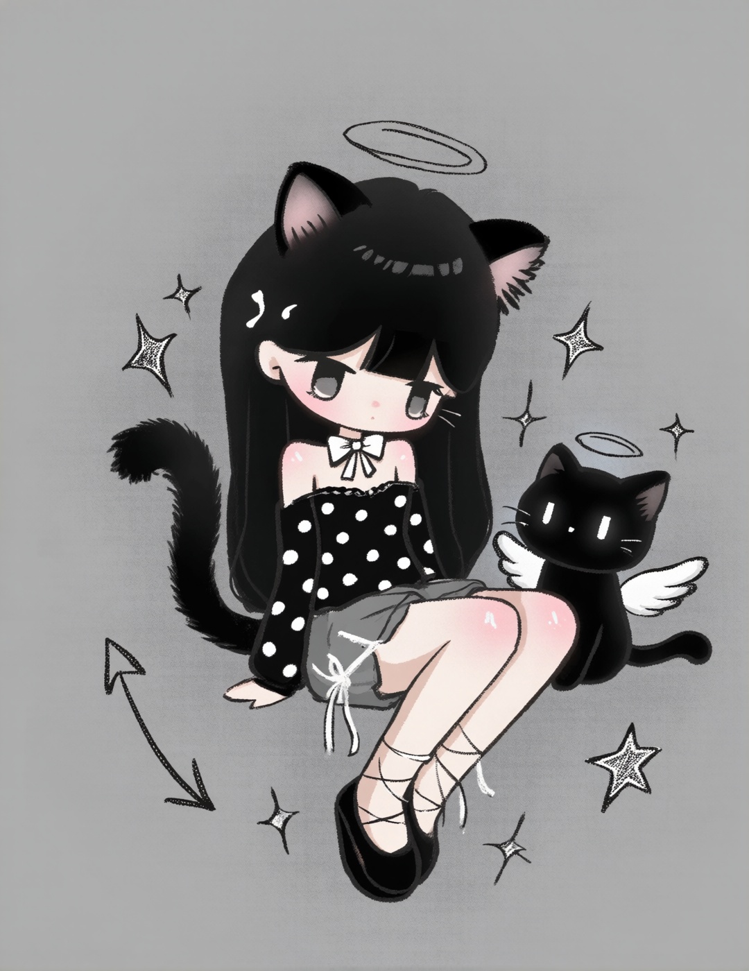 A chibi-style girl with long black hair,  cat ears,  and a fluffy black tail sits cross-legged on a textured gray backgrou...