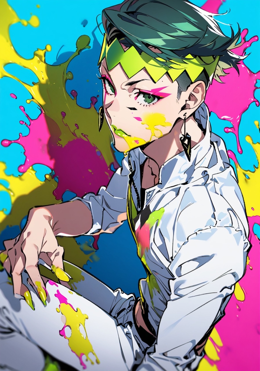 masterpiece, best quality, <lora:yoneyama-a31-000020:1>,yoneyama mai,kishibe rohan, solo, green lips, green hair, 1boy, male focus, earrings, headband, jewelry, paint splatter, green eyes, paint, colorful, paint splatter on face, short hair, makeup, pants, shirt, simple background, lipstick, blue background, facepaint, facial mark, cowboy shot, white pants, looking at viewer, white shirt, undercut, fingernails, long sleeves