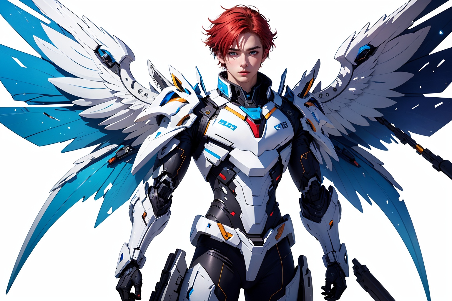 1boy,concept artwork,red hair,(a lonely solo boy:1.4),sky,wing,wings with fans,graphics card fan,strong male mecha warrior,mighty and domineering,cool mecha,32k,blue and white color scheme,white armor,white_background,standing,cowboy_shot,<lora:atai_v1s:0.8>,