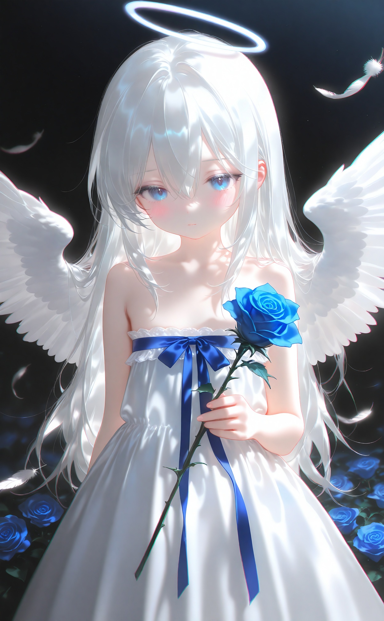 masterpiece,absurdres,best quality,high quality,chromatic_aberration,night,darkness,black theme,//,nyalia,loli,1girl,solo,long hair,looking at viewer,blush,bangs,blue eyes,dress,ribbon,holding,hair between eyes,bare shoulders,closed mouth,collarbone,flower,white hair,wings,white dress,strapless,rose,halo,feathers,blue ribbon,strapless dress,feathered wings,blue flower,angel wings,white wings,angel,holding flower,blue rose,<lora:nyalia acid5-000048:0.8>,