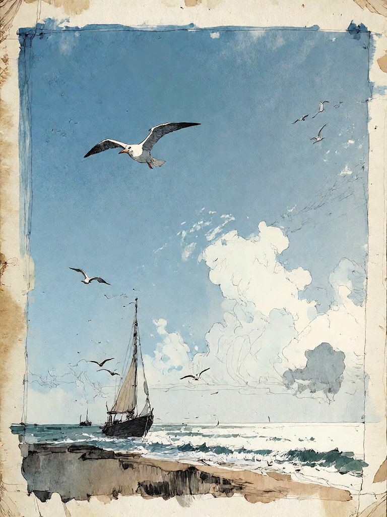 Bradhamel art style. A vertical watercolor painting of a serene coastal scene framed by the aged,  textured edges of an ol...