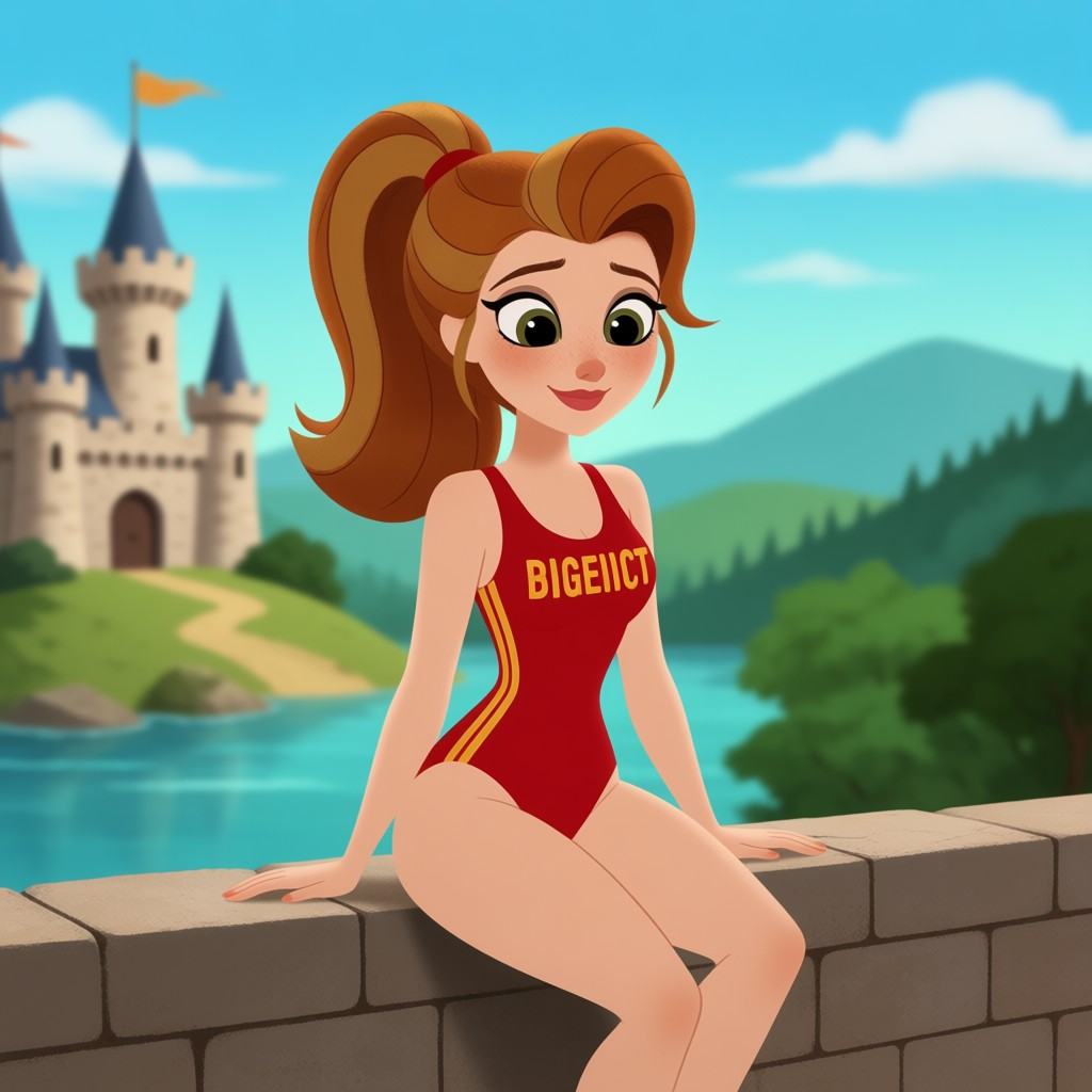 narrow depth of field,  a woman in a red one-piece lifeguard bathing suit sitting on a wall outside a castle on Tensor.Art