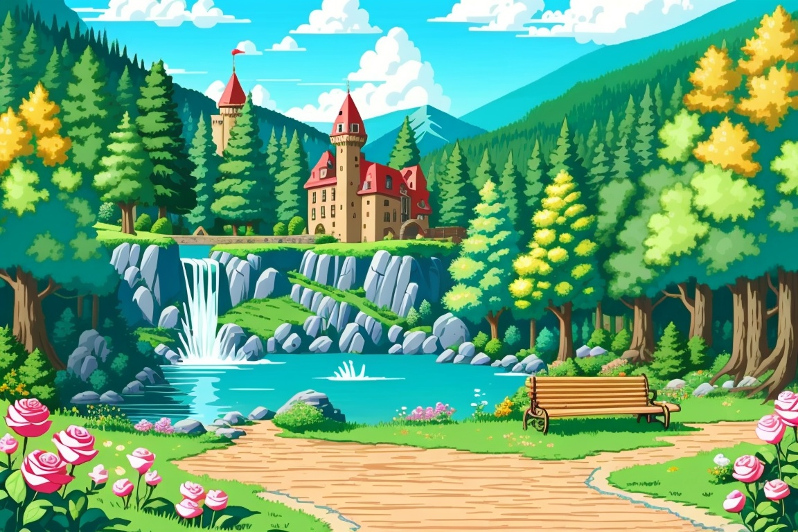 ((HRD, HUD, 8K)),((masterpiece, best quality)), highly detailed, soft light,GameScenes, bird, no humans, scenery, outdoors, tree, day, cloud, flower, sky, pink flower, water, bench, mountain, grass, chair, bush, castle, waterfall, bridge, ball, blue sky, nature, river, pink rose, rose, <lora:20240330-1711769468704:0.9>