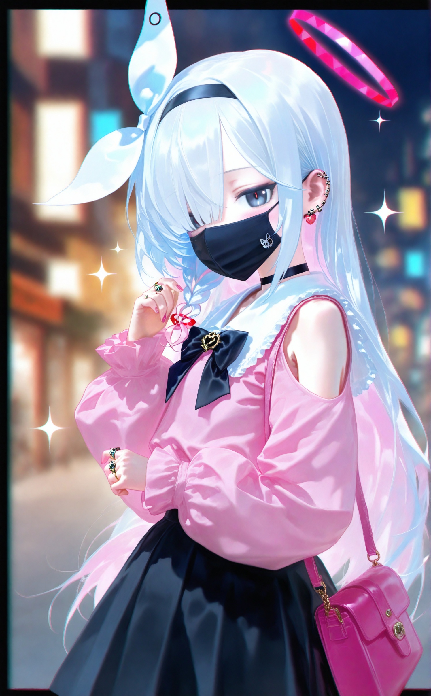 nyalia, 1girl, solo, halo, plana (blue archive), black mask, skirt, long hair, mask, mouth mask, black skirt, hair over one eye, ear piercing, black eyes, red halo, piercing, black hairband, long sleeves, pink shirt, shirt, jirai kei, looking at viewer, bag, pink hair, hairband, alternate costume, choker, white hair, shoulder bag, cowboy shot, black choker, colored inner hair, multicolored hair, pink halo, pleated skirt, ring, puffy long sleeves, jewelry, bowtie, bow, blurry, frills, black bowtie, braid, pink bag, sailor collar, blurry background, black bow, single braid, ribbon, clothing cutout, white ribbon, blush, handbag, puffy sleeves, shoulder cutout, very long hair, miniskirt, earrings, red pupils, white sailor collar, two-tone hair, hair ribbon, bare shoulders, casual, high-waist skirt, grey hair, standing, grey eyes, white bow, sparkle, depth of field, sleeves past wrists, from side, hands up, arona (blue archive), hair bow, fingernails, multiple rings, one eye covered, outdoors, shirt tucked in, looking to the side, white bowtie, border, bow hairband, hand up, black border, pink nails, blue hair, side braid, nail polish<lora:nyalia Acid-000055:0.9>,
