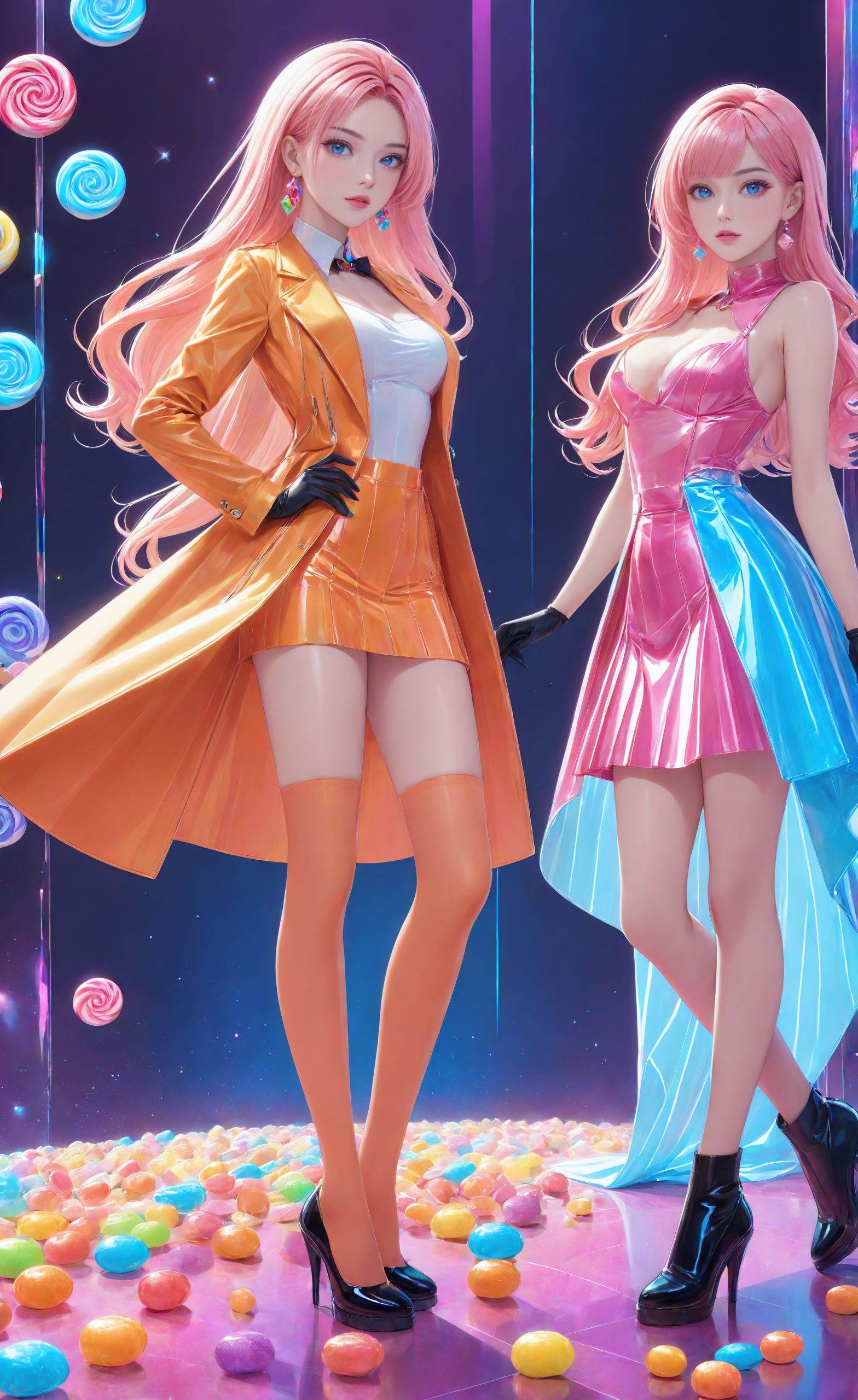 masterpiece,bestquality,candy lady,two candy ladies,sci-fi crystal background,elegant full body posture,slender legs,<lora:20240730-1722271406618:0.6>,candy long boots,