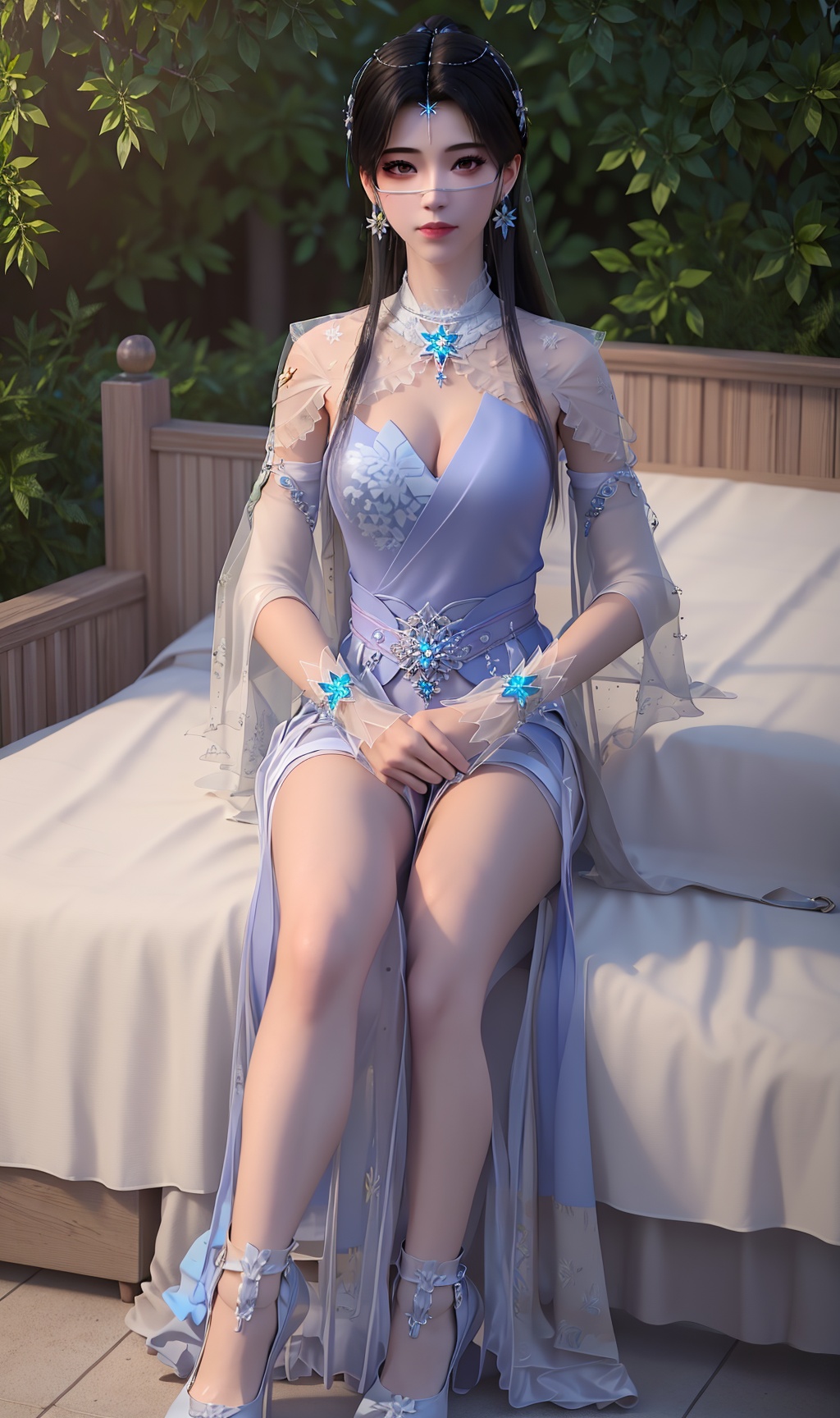 3D,masterpiece,(best quality),(makeup),official art, extremely detailed cg 8k wallpaper,((crystalstexture skin)), (extremely delicate and beautiful),(highly detailed),(1girl), (solo), (jewelry), (earrings),(black_hair),(long_hair),(hair_ornament),(handwear),(breasts),(sitting,sit_down),,(full_body),(whole_body),(dress), (skirt),(multicolored_clothes),(multicolored_dress),mask,(chinese_clothes),(adapted_costume), (sleeve),((closed_mouth)),(bracelet),((long_dress,long_skirt)),,((veil)),(sunshine, outdoor,bed),((looking_at_viewer)),((Facing the camera)),(shoes:1.000),(blue_shoes:1.000),, <lora:hipoly3DModelLora_v10:0.3>