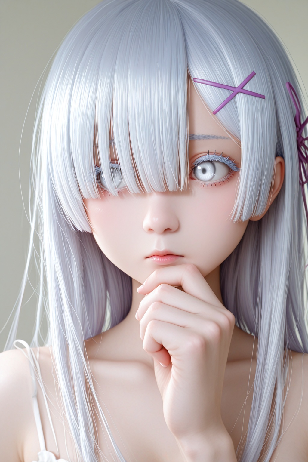 1girl,rem \(re:zero\),hand up,white hair,long hair,white eyes,portrait,colored eyelashes,thinking,