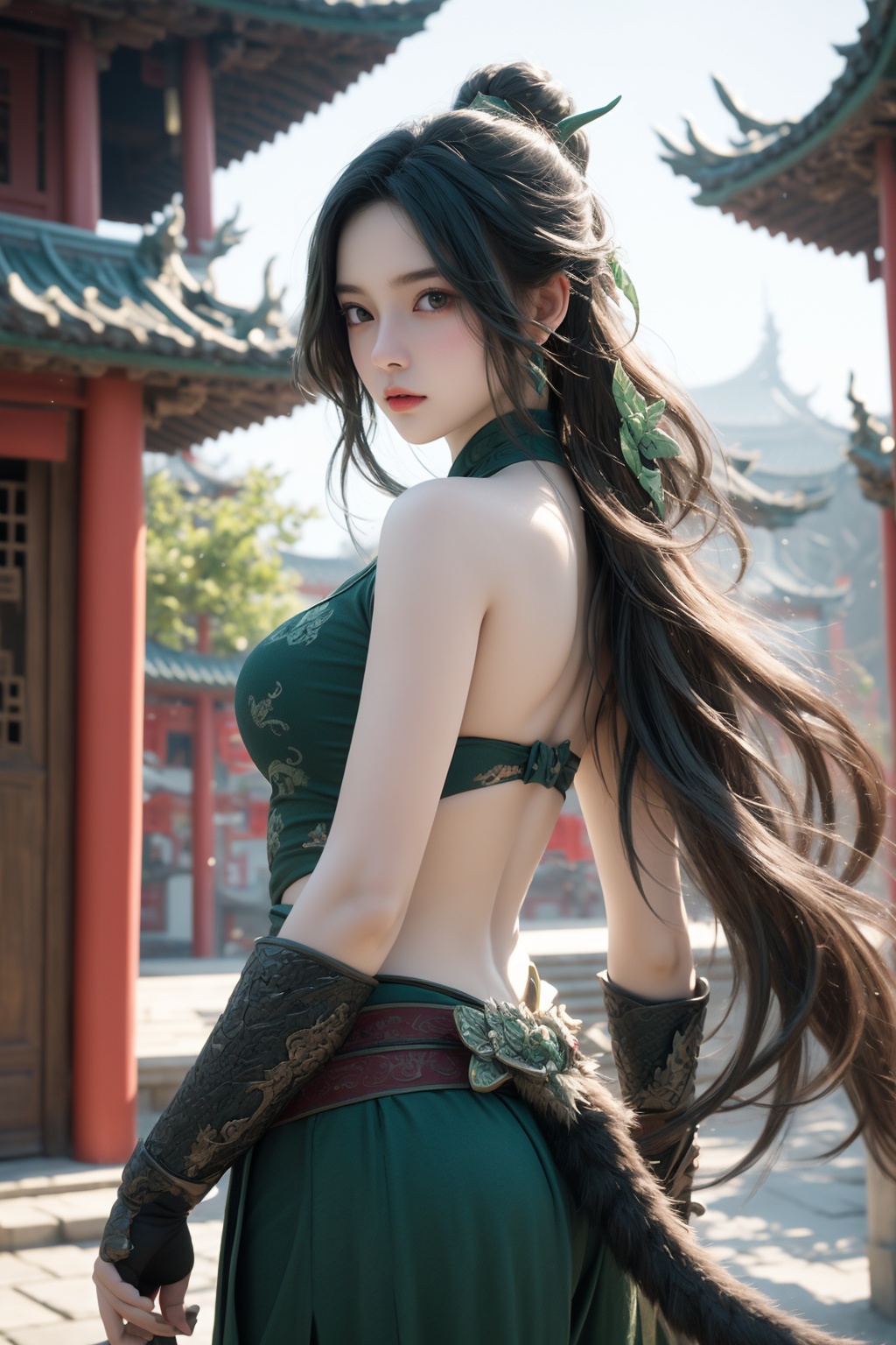 ((masterpiece)),((an extremely detailed and delicate)),(8k cg wallpaper),{stunning art},{{illustration }},(ink splashing),color splashing,(amazing),(1girl),close to viewer,beautiful detailed face,beautiful detailed green eyes,dynamic angle,two deer horns on head,flowing detailed green hair,chinese style detailed hanfu,a slim ((streamlined dragon tail with green scales attached to back lower waist)),((tail ornament)),ancient chinese palaces background,