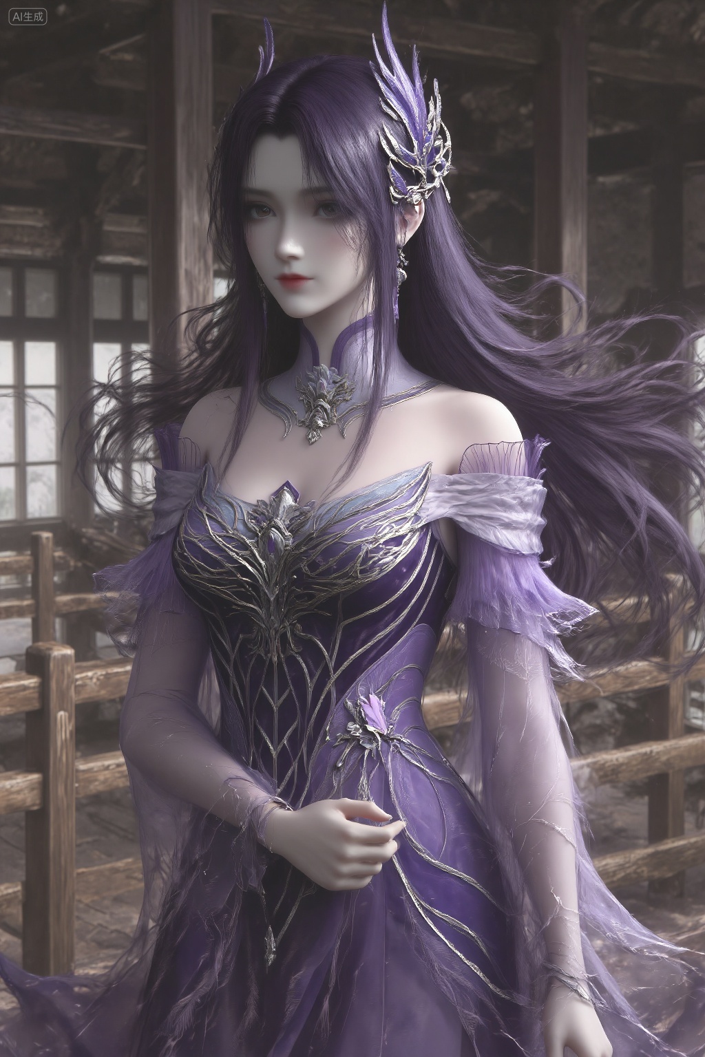 The image depicts a character with long,flowing purple hair adorned with a delicate,intricate headpiece. She is wearing an elaborate,purple,form-fitting dress with intricate patterns and designs,including floral motifs and a corset-like structure. The character is standing in what appears to be a traditional wooden structure,possibly a temple or a similar setting,with wooden beams and railings visible in the background. The overall aesthetic is fantasy-themed,with a focus on elegance and detail.,, best quality,astonishing quality,ultimate aesthetics,absurd,best quality,ultimate aesthetics,masterpiece,emotional masterpiece,extraordinary above all,mastery of details,, Negative prompt: ng_deepnegative_v1_75t,(badhandv4:1.2),EasyNegative,(worst quality:2),,nsfw, Steps: 30, Sampler: DPM++ 2M, CFG scale: 3.5, Seed: 862048628, Size: 1024x1536, Model hash: 062dad72b2, Model: 麦橘超然majicFlus_v1.safetensors, Denoising strength: 0, RNG: CPU, Lora 1: 《墨染冥照》|古风插画|唯美意境画风系列, Lora Hash 1: 0c05ef6259, Lora Weight 1: 0.65, Lora 2: MAJICFLUS_麦橘光影约拍, Lora Hash 2: 158a204aee, Lora Weight 2: 0.6, Lora 3: 极致逼真美感模型, Lora Hash 3: 3ef31b4d84, Lora Weight 3: 1.05, vae_name: automatic
