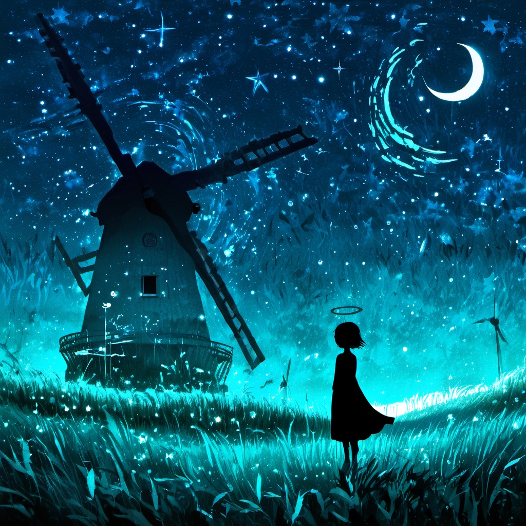 <lora:star_xl_v3:1>,silhouette painting, ethereal ambiance, 1girl, solo, short hair, cyan  theme, flower, outdoors, sky, night, halo, moon, grass, star \(sky\), night sky, scenery, starry sky, dark, from behind, tree, glowing, angel, crescent moon, a mesmerizing nighttime landscape, a vast and starry sky filled with countless stars and a radiant celestial body possibly a moon or planet casting a glow., the ground is covered in a luminescent glowing grass that seems to be swaying in the wind., a black silhouette of an old windmill at the right, a black silhouette of a girl standing amidst the grass gazing up at the celestial display, ethereal and dreamlike, evoking feelings of wonder and contemplation, mesmerizing nighttime landscape, vast starry sky, radiant celestial body, luminescent grass, old windmill, sails, child, ethereal dreamlike ambiance