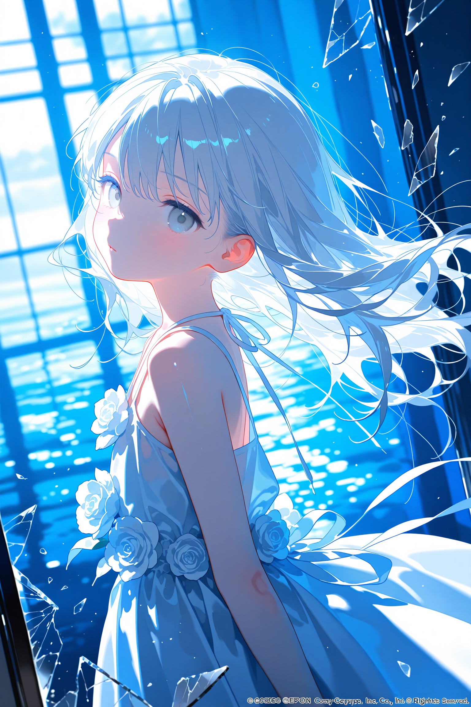 masterpiece,best quality,high quality,loli,Light Blue Theme,//,1girl,solo,long hair,dress,looking at viewer,white eyes,glass,grey eyes,white dress,white hair,flower,broken glass,white theme,bare shoulders,blue theme,dress flower,glass shards,white flower,water,parted lips,closed mouth,sleeveless,reflection,sleeveless dress,watermark,white rose,expressionless,//,year_2023,year_2024,//,official art,depth of field,detailed light,blurry background,cinematic lighting,ray tracing,amazing quality,very aesthetic,absurdres,beast quality,ultra detailed,god rays,backlighting,photo background,film grain,chromatic aberration,volumetric lighting,depth of field,blurry background,shiny skin,floating hair,cinematic lighting,day,very aesthetic,