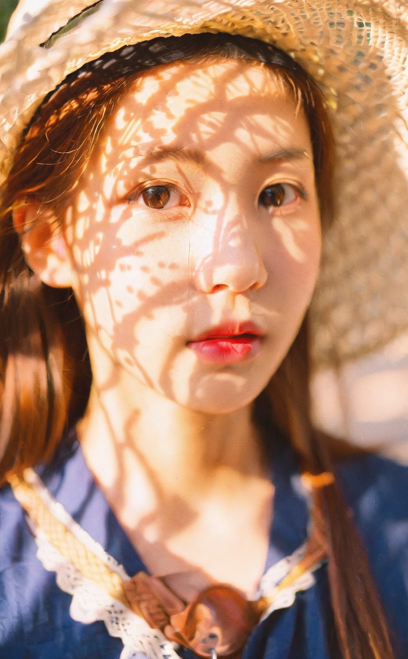 mugglelight, an asian woman with a straw hat and blue shirt posing for a picture, 1girl, solo, brown hair, looking at viewer, portrait, hat, shirt, sunlight, dappled sunlight, white shirt, brown eyes, jewelry, closed mouth, collared shirt