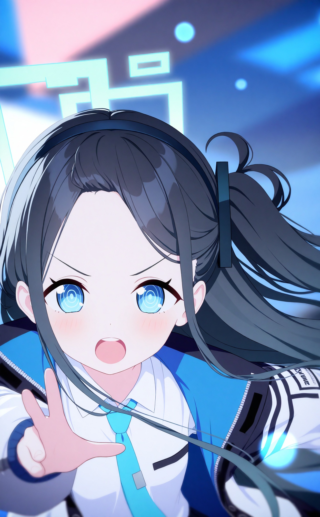 masterpiece,absurdres,best quality,loli,petite,high quality,chromatic_aberration,//,1girl,aris (blue archive),solo,ringed eyes,blue eyes,blue necktie,shirt,open mouth,necktie,black hair,long hair,white shirt,collared shirt,jacket,looking at viewer,halo,upper teeth only,forehead,teeth,v-shaped eyebrows,floating hair,very long hair,black hairband,hairband,long sleeves,open clothes,open jacket,outstretched arm,@_@,absurdly long hair,blue theme,blurry,portrait,//,Depth of field,(colorful),hdr,Tyndall effect,depth of field,Tyndall Effect,blurry,blurry_background,depth_of_field,bokeh,glowing,//,<lora:MMDguangwuran6——【noob】hans:0.9>,