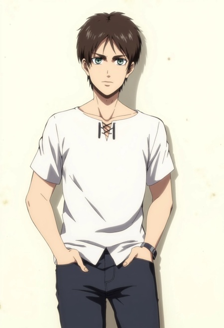 A character design illustration featuring Eren in a casual outfit,  showcasing his lighter side. He has short,  messy brow...