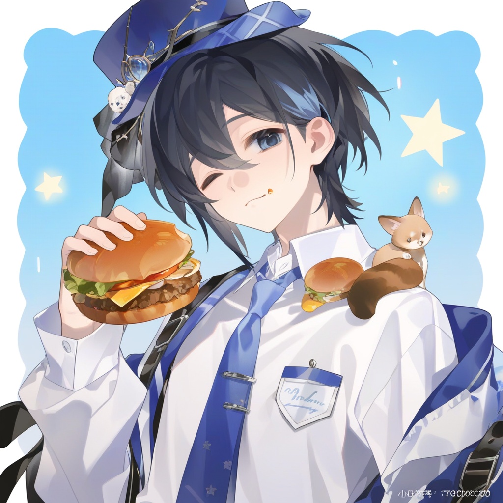 en,holding food, multicolored hair, food, white shirt, blue eyes, animal, 1boy, blue necktie, star (symbol), white shirt, blue headwear, blue hat, bangs, holding, necktie, blue background, long sleeves, shirt, sfw, multicolored hair, holding can, closed eyes, blue necktie, brown hair, hat, eyebrows visible through hair, starry background, animal ears, animal on shoulder, brown eyes, white headwear, male focus, food on face, Negative prompt: ng_deepnegative_v1_75t,(badhandv4:1.2),EasyNegative,(worst quality:2),,nsfw, Steps: 20, Sampler: Euler a, CFG scale: 7.0, Seed: 999158266, Size: 1024x1024, Model hash: bdb59bac77, Model: WAI_NSFW-illustrious-SDXL_v14.safetensors, Denoising strength: 0.0, RNG: CPU, Lora 1: nak, Lora Hash 1: e8adc81cd1, Lora Weight 1: 1.0, vae_name: automatic