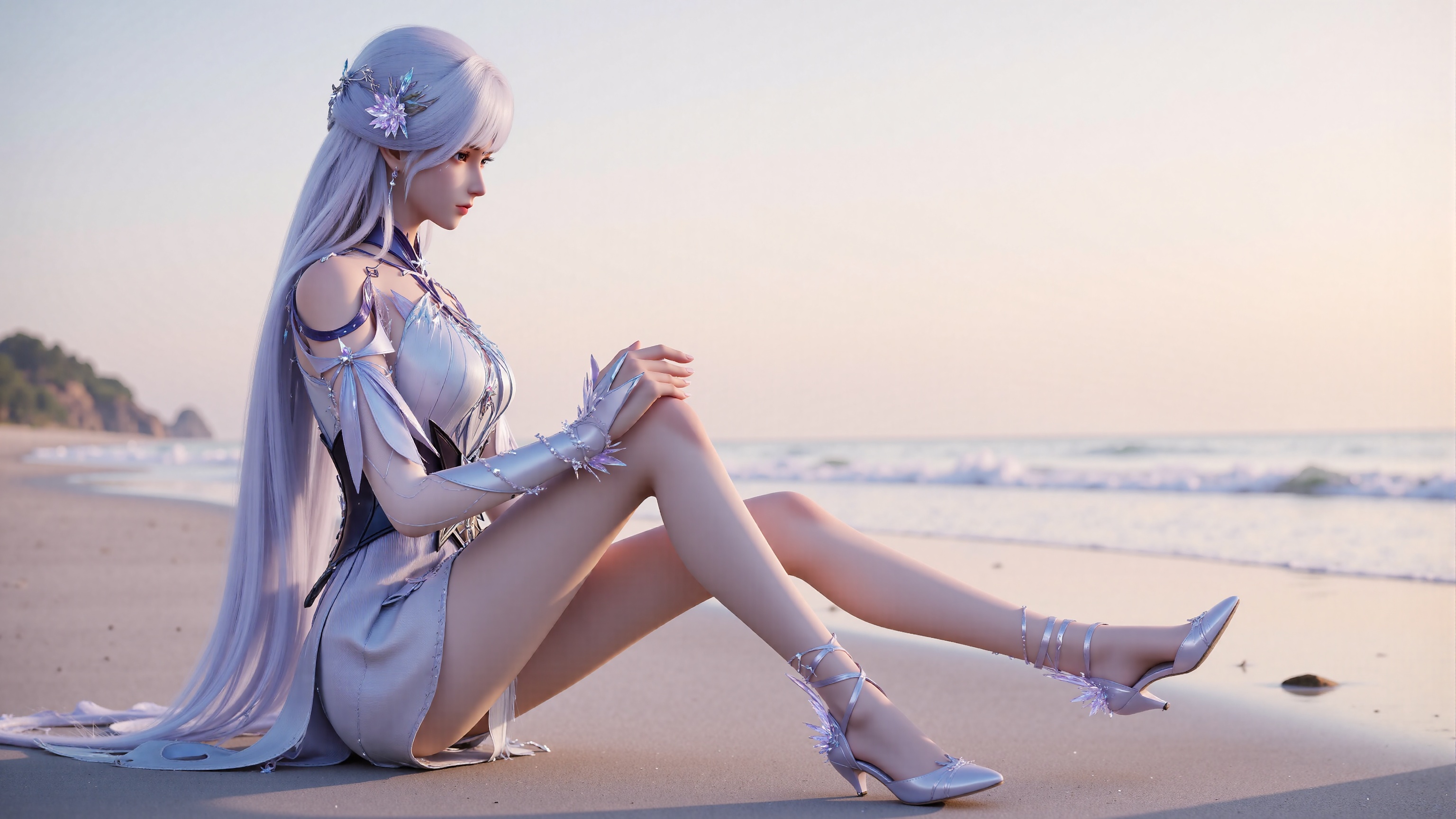 shengcaier,perfect body,scenery,sharp focus,finely detailed beautiful anime eyes,realistic skin,intricate details,Perfect body structure:1.2,front view.,Good structure,a Chinese beauty wearing a transparent glowing blue rabbit suit,at the seaside,on the beach,her upper body is only wearing white suspenders,her lower body is only wearing white shorts,and her legs are wearing transparent white silk stockings. She sites with her feet together and looks down at the white thigh,she looks down at the white observer,calf socks,heel decorations:1.3,purple heel decorations:1.3,white hairs:1.3,white transparent stockings:1.4,high heels:1.3, purple high heels:1.3,
