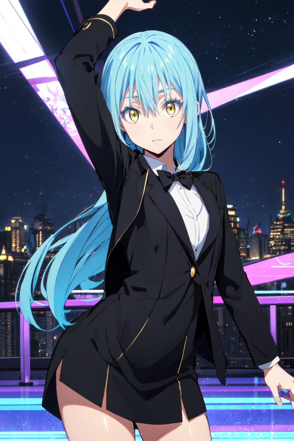 1other,looking at viewer,solo,androgynous,blue hair,hair between eyes,bangs,yellow eyes,standing,Sleek and minimalistic outfit with a fitted dress and structured blazer,<lora:Rimuru:0.8>,Rimuru_CYQL,panorama,beautiful face,beautiful eyes,glossy skin,shiny skin,Nightlife, Bars, Clubs, Music, Dancing,beautiful detailed sky,beautiful detailed glow,posing in front of a colorful and dynamic background,masterpiece,best quality,beautiful and aesthetic,contrapposto,female focus,wallpaper,fashion,