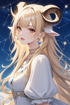 1girl, solo, long hair, looking at viewer, bangs, blonde hair, dress, animal ears, brown eyes, jewelry, upper body, white hair, earrings, parted lips, horns, sky, puffy sleeves, necklace, star \(symbol\), white dress, lips, star \(sky\), sheep horns, constellation,