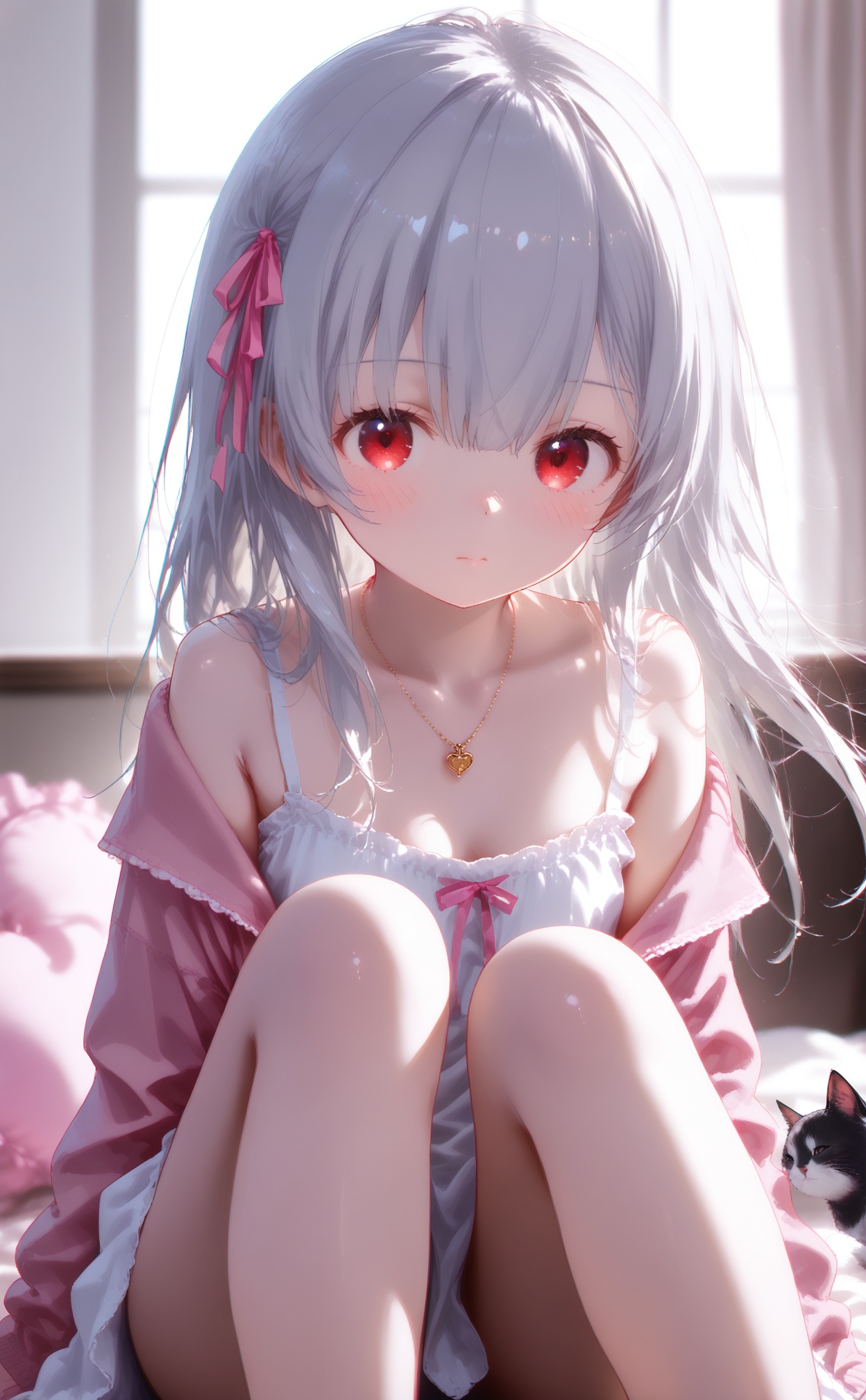 masterpiece,best quality,high quality,loli,chromatic_aberration,//,1girl,ribbon,cat,pink ribbon,long hair,sitting,hair ribbon,pillow,looking at viewer,red eyes,heart-shaped pillow,window,solo,white hair,pink jacket,jewelry,animal,off shoulder,jacket,indoors,dress,heart,necklace,curtains,knees up,white camisole,grey hair,white dress,sleeveless,pink cardigan,long sleeves,closed mouth,collarbone,bare shoulders,frills,blush,blurry,blurry background,camisole,//,year_2023,year_2024,//,official art,depth of field,detailed light,blurry background,cinematic lighting,ray tracing,ultra detailed,god rays,backlighting,photo background,film grain,chromatic aberration,volumetric lighting,depth of field,blurry background,shiny skin,floating hair,cinematic lighting,day,very aesthetic,<lora:rouhe——【noob】hans:1>,