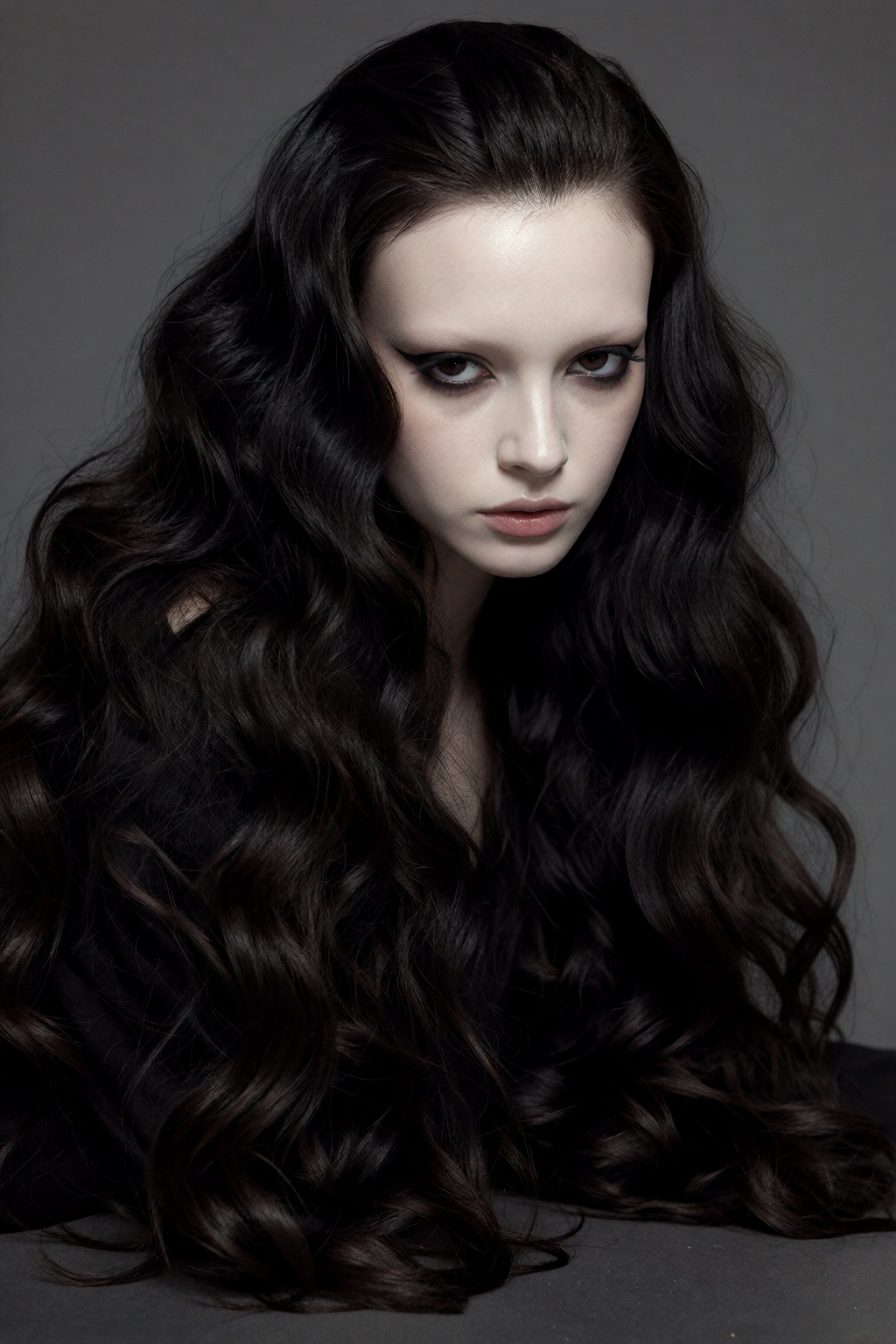 A stylized high-fashion portrait of a person with exceedingly pale skin,  an exaggeratedly high hairline,  smooth brow rid...