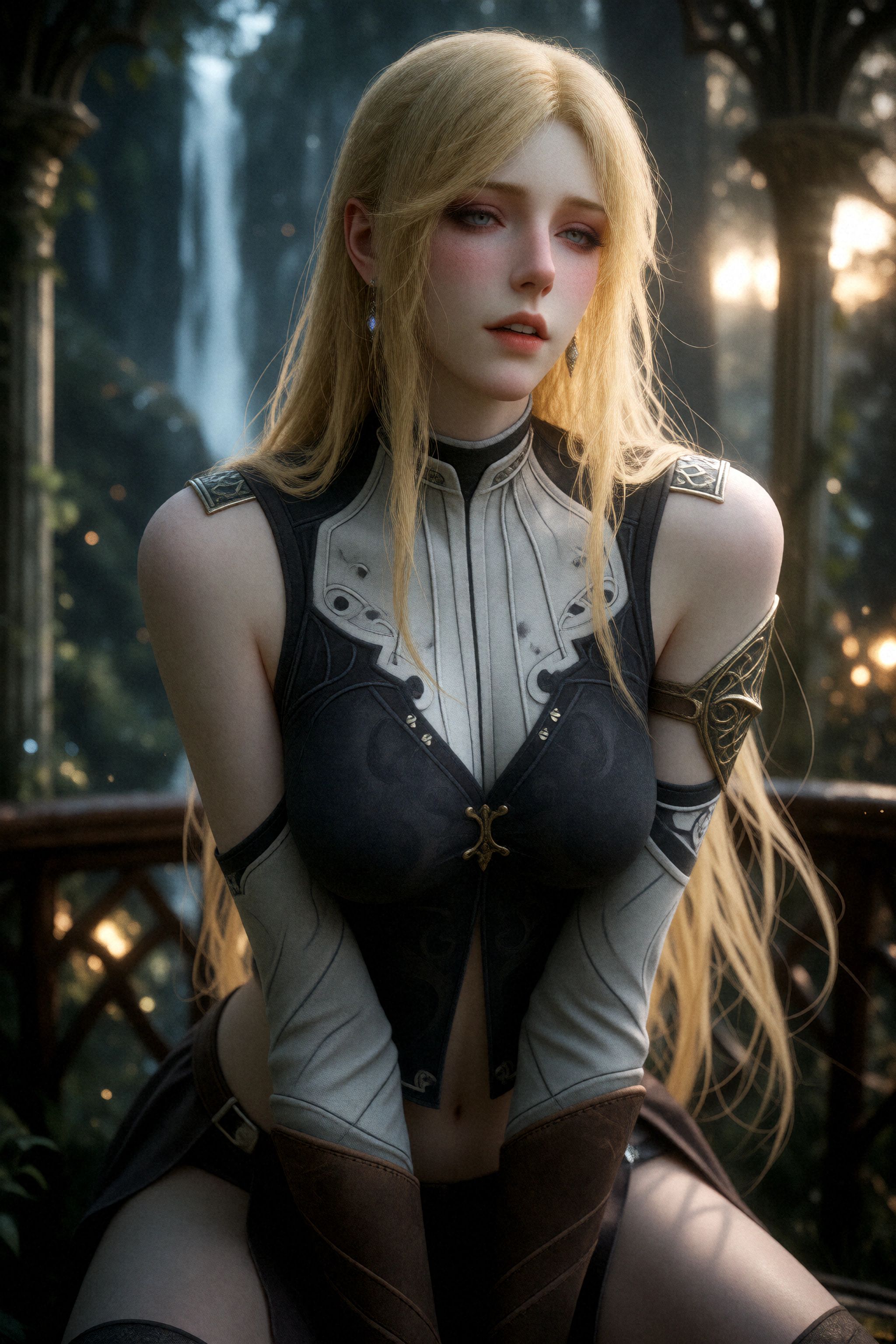 A full body photograph of Female Elf sitting in elvish gazebo. Her pose is seductive and her face has languid expression.T...