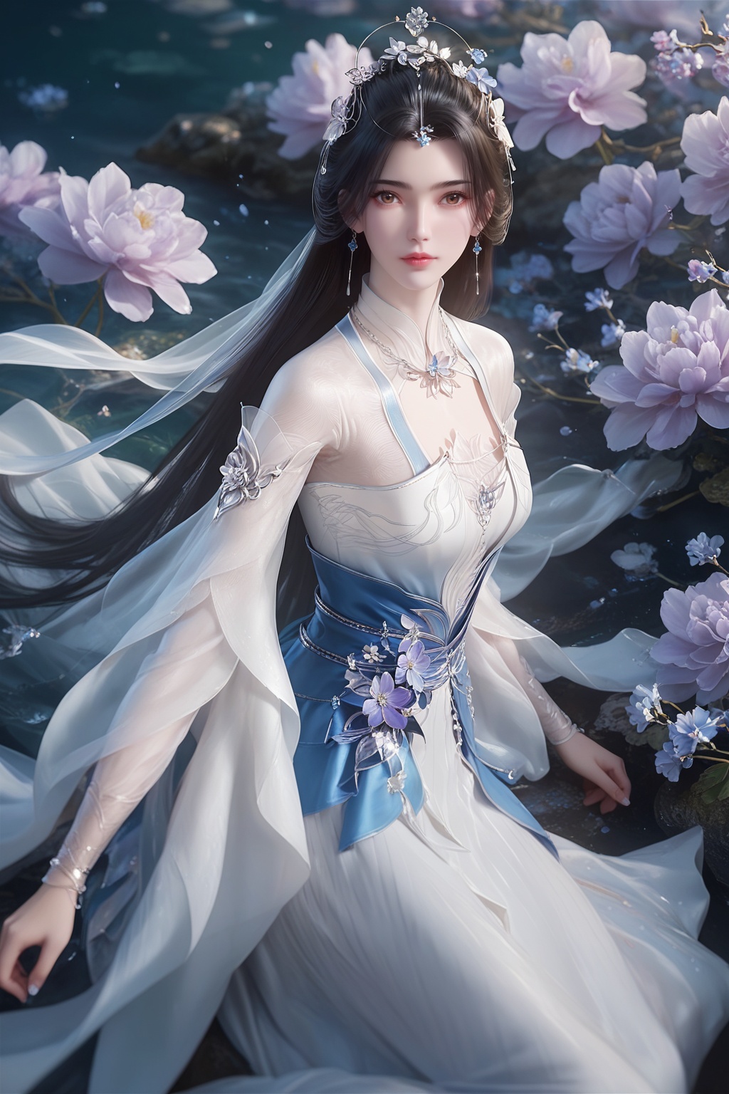 <lora:wy_limuwan_XL1.0:0.8>,1girl,solo,long hair,black hair,brown eyes,earrings,hair_ornament,breast,medium chest,dress,white_dress,gaden,flower sea,flower,purple flowers,, score_9,score_8_up,score_7_up,score_6_up,score_5_up,score_4_up,