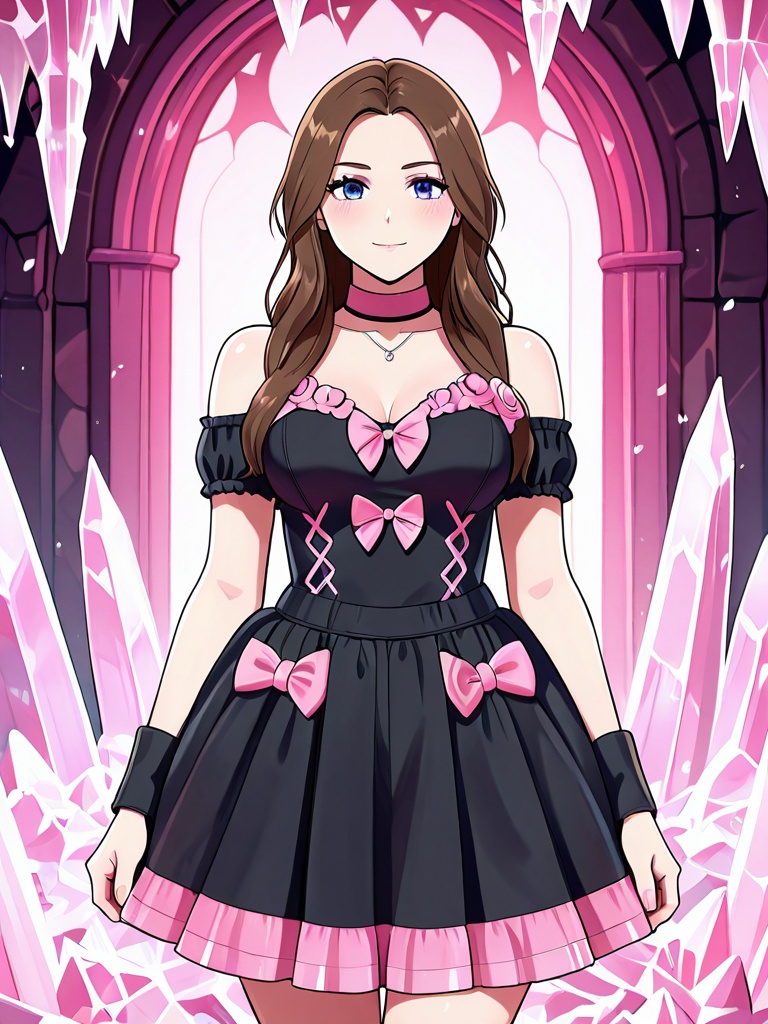 pinkandblackdresswithbows,  front view a beautiful young brunette woman with deep blue eyes wearing a sexy black dress wit...
