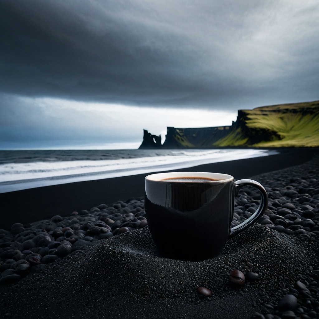 sceneicelablack,  a ceramic coffee mug,  Icelandic black sand coast on Tensor.Art