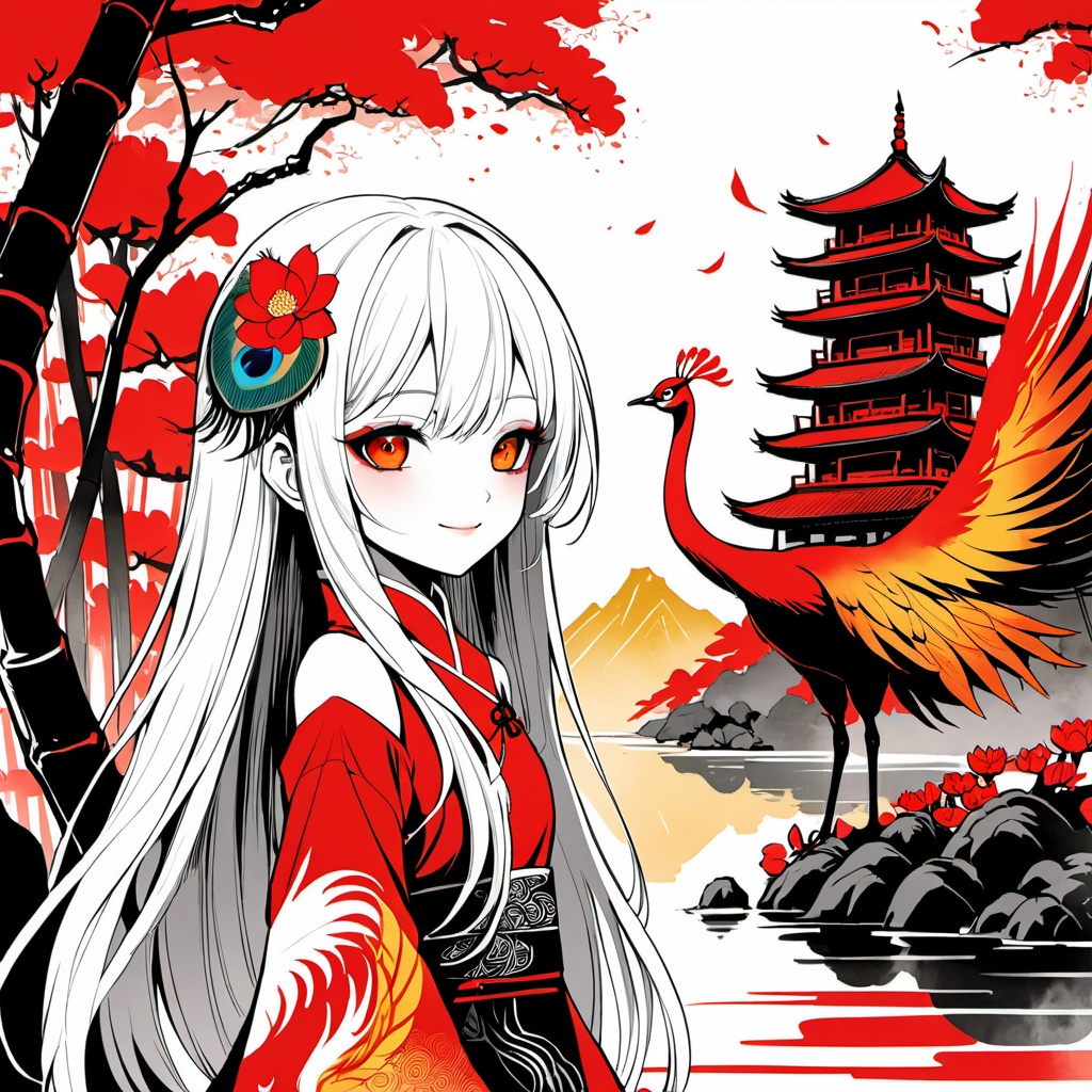 (Chinese girl:1.35),((red and yellow:0.85) but Limited palette:1.2),//,Chinese architecture,Ink,hair flowers,bamboo forest,bamboo,//(long hair),white hair,(loli),small breasts,upper body,smile,((phoenix)),fire,(makeup,red eyeliner),red eyeshadow,red eyes,(long eyelashes),half-closed eyes,peacock skirt,growth,leaf,tree,branch,peacock feathers,bare shoulders,bare legs,(chinese knot),( ink painting, ink splashes, ink wash),cloudy,cirrocumulus,mountains,lake,Chinese style architecture,(Yellow Crane Tower),chinese_trees,branch,(plum blossom),(lotus),petals,