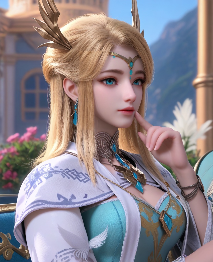 (oriental architecture, elegant decor, sophisticated style:1.1),(Lying down, propped up on one elbow, with a finger resting against her lips, she exudes mystery and ancient allure:1.1),(breasts:1.2),<lora:XL16长夜开拓者圣女维罗妮卡:0.95>,miss veronica,blue corset dress,blue eyes,blonde hair,half-up ponytail with hair over shoulder,hair ornament,jewelry,choker,tiered sleeves,earrings,, score_9,score_8_up,score_7_up,score_6_up,score_5_up,score_4_up,3d rendering,tag1,tag2, Cinematic Lighting,backlighting,