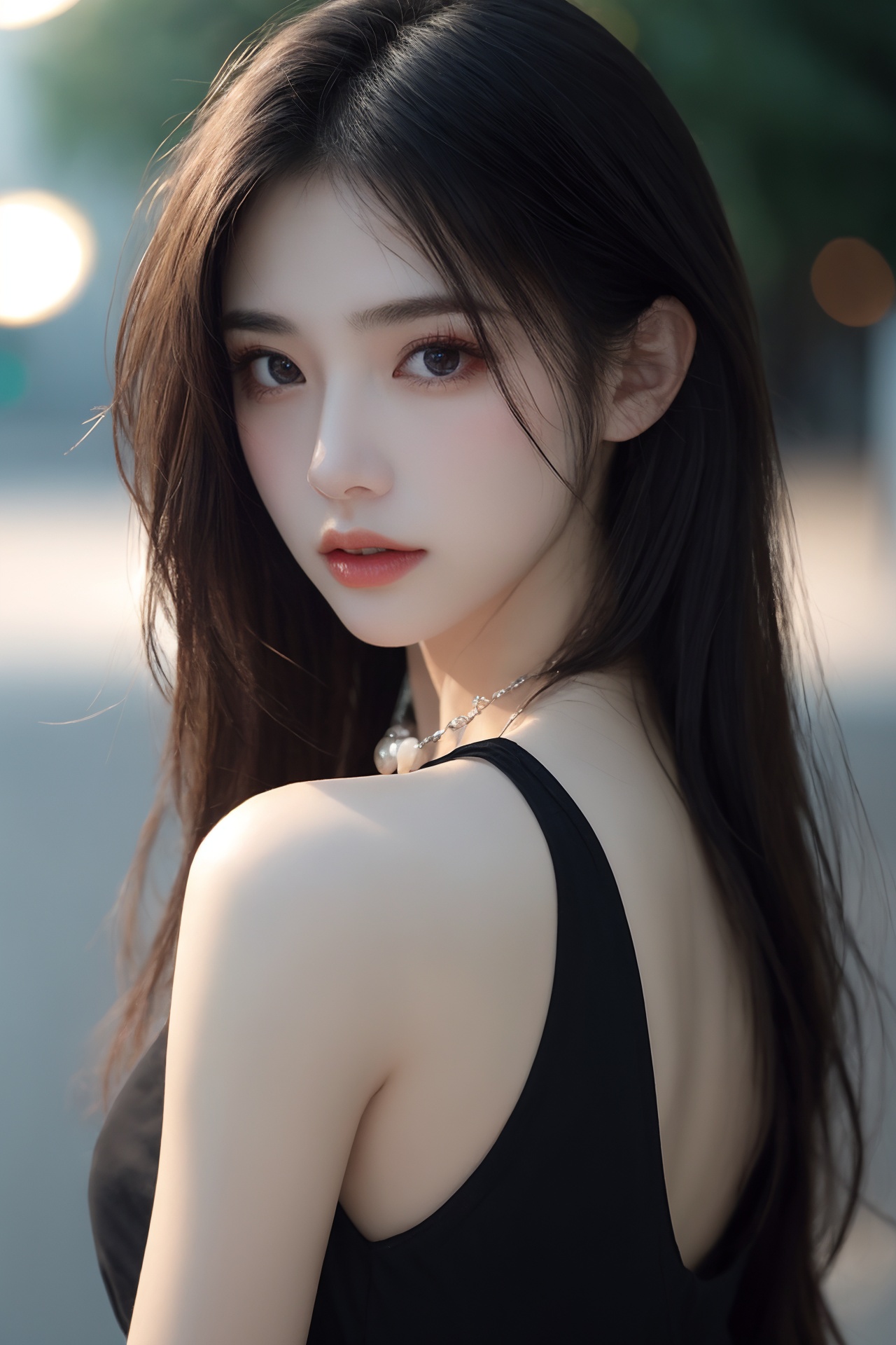 1girl, black hair, blurry, blurry background, bokeh, depth of field, jewelry, lens flare, lips, long hair, looking at viewer, necklace, outdoors, sleeveless, solo <lora:美女:0.8>