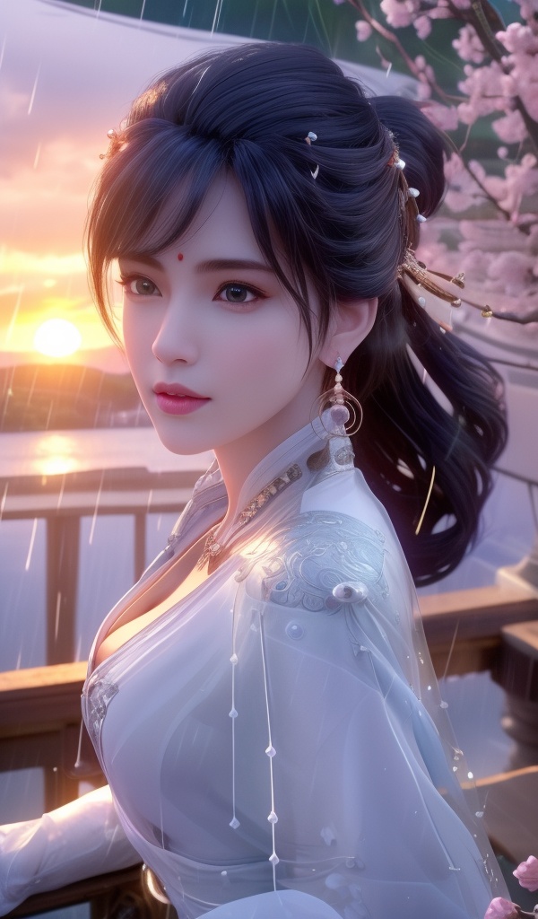 <lora:754-DA-眷思量-须灵犀-V2:0.8>, (,1girl, ,best quality, ),looking at viewer,  ,,ultra detailed 8k cg, ultra detailed background ,ultra realistic 8k cg,          cinematic lighting, cinematic bloom, (( , )),,  , unreal, science fiction,  luxury, jewelry, diamond, pearl, gem, sapphire, ruby, emerald, intricate detail, delicate pattern, charming, alluring, seductive, erotic, enchanting, hair ornament, necklace, earrings, bracelet, armlet,halo,masterpiece, (( , )),, realistic,science fiction,mole,   ,cherry blossoms,,(((Best quality, masterpiece, ultra high res, (photorealistic:1.4), raw photo, 1girl, ,rain, , sunlight, sunset,     )))  (cleavage),stylish_pose,  (),