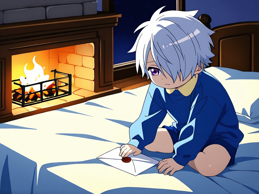 <lora:LB_Lag_Seeing_XL:1>,Lag Seeing,Lag seeing costume,blue clothing,best quality,best detail,masterpiece,male focus,indoors,sitting_on_bed,fireplace,(night:1.1),1boy,(toddler:1.2),male_child,petite,white hair,hair over one left eye,purple eyes,exhausted,letter,perfect hands,(5fingers:1.3),correct anatomy,huge filesize,available light,
