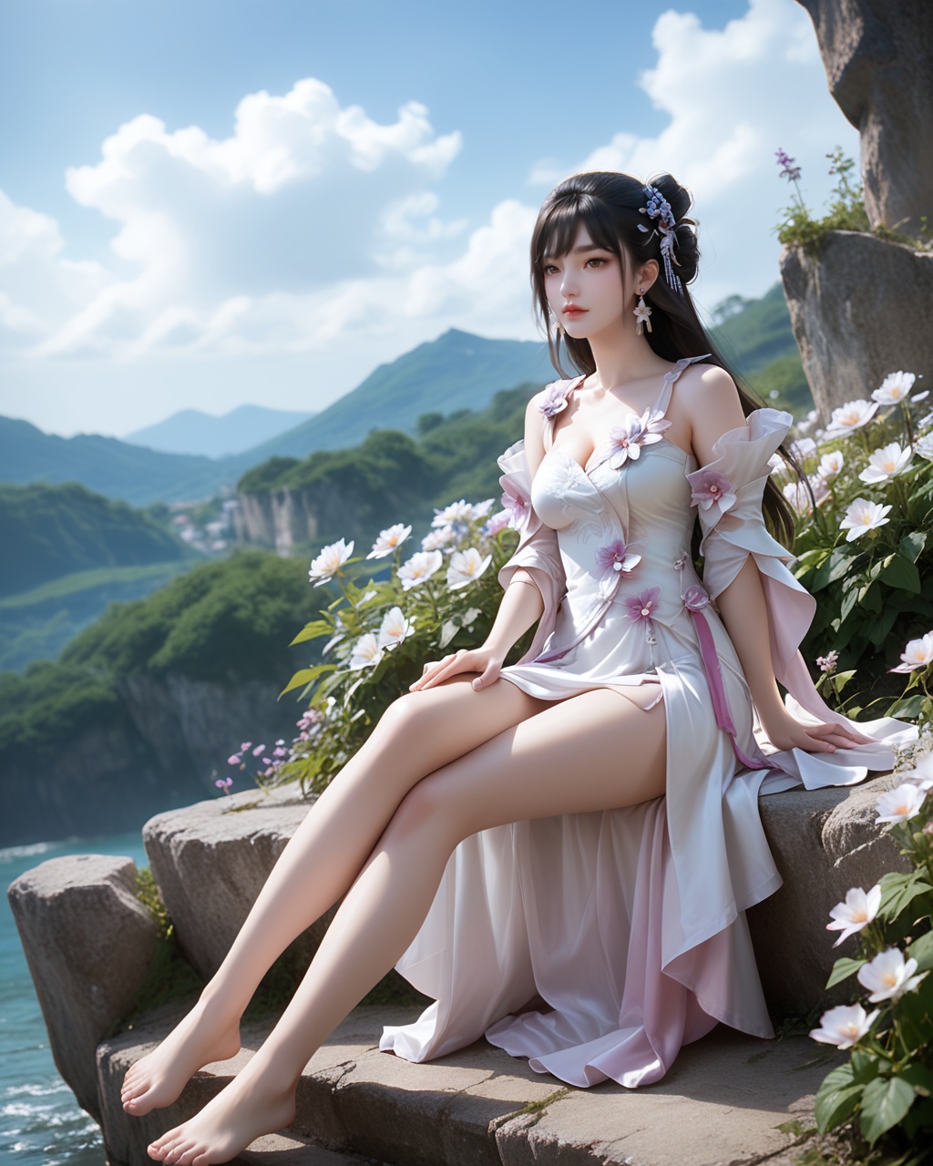 1girl,solo,long hair,breast,medium breast,earrings,hair_ornament,dress,bare_legs,(gaden:1.1),(flower:1.1),sitting,sky,day,thick_thighs,<lora:wy_yuechan_sn_XL5.0:0.8>,brown eyes,barefoot,black hair,, score_9,score_8_up,score_7_up,score_6_up,score_5_up,score_4_up,